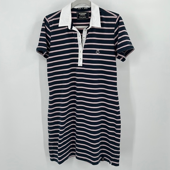 Holbrook Sweden Navy & Pink Striped Cotton Dress Size Large - Picture 2 of 12